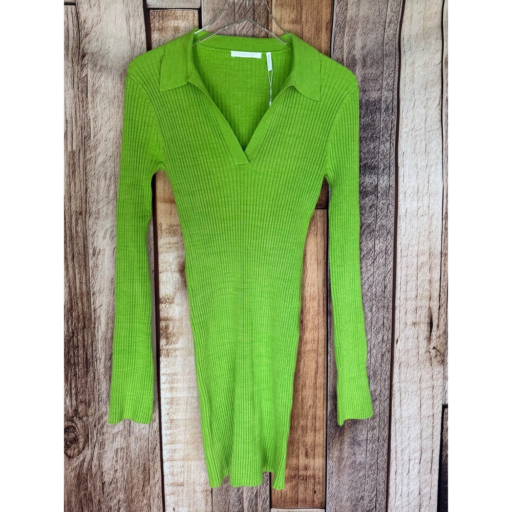 Helmut Lang Marl Mini Dress Rib Knit Collared V-Neck Lawn Green Size Medium NWT
